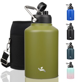 Konokyo 1 Gallon Jug with Handle,128 oz Insulated Water Bottle with Carrying Pouch, Double Wall Vacuum Stainless Steel Metal Bottle,Forest Green