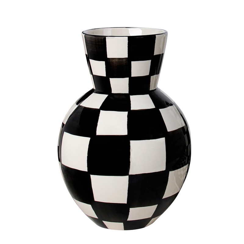 Black and White Checkered Ceramic Vases for Home Decor, 10"
