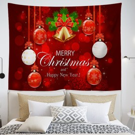 OTOSTAR Chritmas Ball Christmas Tapestry Merry Christmas and Happy New Year Wall Hanging Tapestry Christmas Ornaments Balls Red Xmas Tapestries for Living Room Bed Party Decor 59"x51" (Red Christmas)