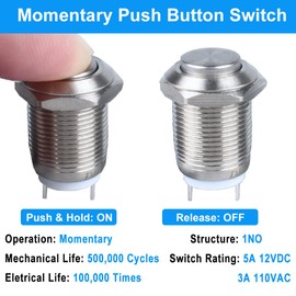 DMWD 2-Pack 12mm Momentary Metal Waterproof Push Button Switch Raised Head Plug-in Terminals 1/2" Mounting Hole 12V 24V 36V 110V 250V 2A 1NO