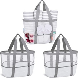 Hillban Large Mesh Tote Beach Bag Waterproof Lightweight Summer for Pool Vacation Travel Market Camping Outdoor Sports(White,3 Pcs)