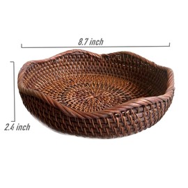 AMOLOLO Handmade Rattan Round Fruit Basket Food Storage Bowls Kitchen Organizer Snack Serving Bowl 9 Inch Wavy Edge Circle Tray Basket with 2” Deep Wall, Dark Brown Décor Display Tray Bowl, S