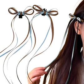 GFun Long Ribbon, Hair Accessory, Hair Clip, Hair Ribbon, Kids, Long, Set of 2, Hair Ornament, Hair Arrangement, Recitals, Kindergarten Entrance Ceremonies, Outfit, Blue x Brown
