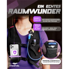 Gepardia Laufweste Damen mit Trinkflasche – Ultraleicht, reflektierend, viel Stauraum, Softflask 500 ml inkl., für Running, Joggen, Wandern & Trail
