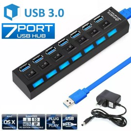 Universal 7 Ports USB Hub 3.0 Powered Splitter ON/OFF Switch AC Adapter Cable PC Laptop - Adapter Only