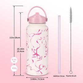 Goetland Ribbon Water Bottle with Straw Lid 32 oz Stainless Steel Wide Mouth Vacuum Double Insulated Drinking Cup Cute Leakproof UV Printing For Women Girls Pink
