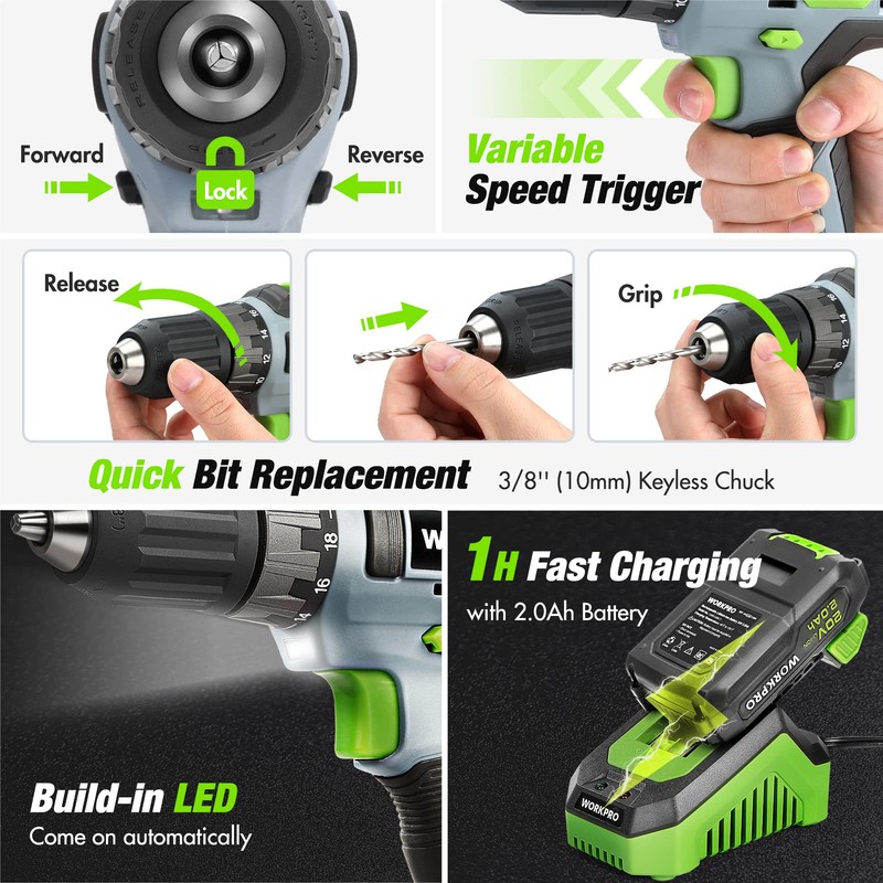 WORKPRO Home Tool Set with 20V Cordless Lithium-Ion Drill Driver,