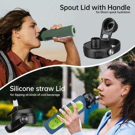 32 oz Glass Water Bottles with 2 Lids-Handle Spout Lid & Straw Lid 1 Liter Motivational Borosilicate Water Bottle with Silicone Sleeve and Time Marker,Leakproof