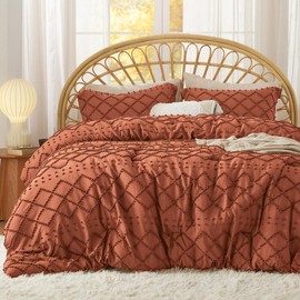 3 Piece Vintage Shabby Chic Style Boho Comforter Set Cal.King Size | Elegant Embroidery with Tufted Pattern Farmhouse Bedding | Rust Terracotta Color All Seasons Ultra Soft Plush Cozy Feel