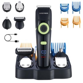 BarberBoss Tagliacapelli da uomo, kit per la cura della barba da uomo, rasoio per orecchie e naso, quadrante di precisione, lama in ceramica, 4 pettini guida, impermeabile, display a LED