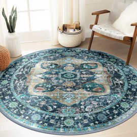 RELEANY 6ft Area Rug Vintage Machine Washable Low Pile Carpet No Shedding Area Rugs for Living Room Bedroom Dining Room Kitchen Entryway Hallway Office Indoor-Teal Dark Green