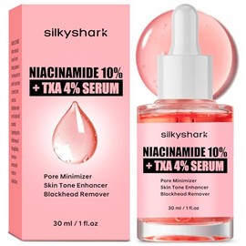 SilkyShark Suero de niacinamida (1 onza líquida), 10% niacinamida + 4% suero de ácido tranexámico, sueros faciales para minimizar los poros, manchas o