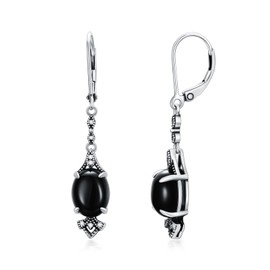 Earrings Onyx Black 925 Sterling Silver Vintage Dangle Drop Leverback Earrings Oval 10 mm Stone Agate Earrings for Women, Silver, Onyx