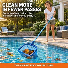 Pool Leaf Rake with Deep Mesh Bag, Heavy-Duty Pool Skimmer Net with Reinforced Frame and Detachable Pole Connector, Large Capacity Debris Scoop for Swimming Pool Cleaning, Blue