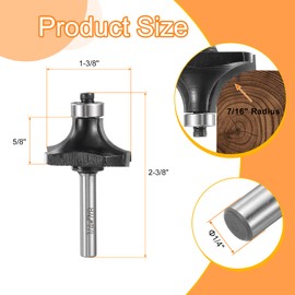 sourcing map Roundover Router Bit 1/4" Shank 7/8" Cut Diameter (7/16" Cut Radius) Carbide Tipped 2-Flute Rounding Over Bits with Bearing Guide for Woodworking Carpenter, Black