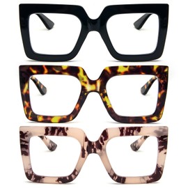 prtcslwd 3 Packs Oversized Thick Frame Reading Glasses for Women,Stylish Square Large Readers Blocking Blue Light Glasses (3 Pack, 1, Diopters)