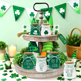 6 Pcs St. Patrick's Day Decorations Mason Jars, Saint Patricks Day Tiered Tray Decor, Mini Shamrock Vases, Farmhouse Irish Holiday Tabletop Centerpiece for Home Kitchen Table Mantel