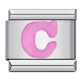 Jukoclut Italian Charms Initial Bracelet Stainless Steel 9mm Link DIY 26 Pink Letters Module Jewelry for Women (C)