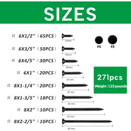 271 PCS High Hardness Black Wood Screws Assortment Kit，Flat Head Wood Screws Set, Phillips Drive Assorted Screws, 8 Size (#6X1/2”,3/5’’,4/5’’，1’’,#8x1-1/4’’，1-3/5’’，2”,2-2/5’’) Black，1.23 lbs