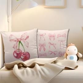 Nvotell Pink Cherry Decorative Pillow Covers Set of 2- Preppy Bowknot Pillow Cases 18x18, Cherry Couch Pillow Covers, Coquette Pink Cherry Room Decor, Pink Bow Pillow Covers for Living Room Sofa Bed