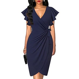 oten Womens Deep V Neck Ruffle Sleeve Sheath Casual Cocktail Party Work Faux Wrap Dress Navy Blue Medium