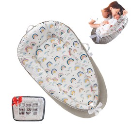 Loevin Baby Lounger for Newborn Cotton,Baby Nest Diaper Changing Pads for Babies with Handles,Newborn Lounger Adjustable Size & Inner Zipper Lengthen Space to 24 Months(Gray-Edged Rainbow Pink)