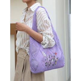 Stizimn Crochet Mesh Beach Tote Bag Shoulder Bag Handbags Knitting Hollow Summer Bag Hobo Bag Aesthetic for Women (Embroider-Purple)