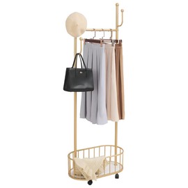 Cre Cra Gold Clothing Rack with Wheels Rolling Clothes Rack with Storage Basket Metal Moveable Coat Rack Stand Modern Garment Rack for Hanging Clothes for Bedroom Boutiques Heavy Duty Coat Hanger Rack