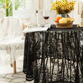 Hermoso mantel redondo de encaje, mantel bordado floral vintage, elegante cubierta de mesa redonda para banquetes de boda, vacaciones, cenas, 60 pulgadas (negro)