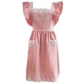 Aprons for Women with 2 Pockects Adjustable Cross Back Cotton Linen lace Dress Cute Apronfor Gardening Cooking Painting (1, pink)