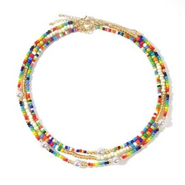 SHINUS BOHO Layered Beaded Necklace for Women, Colorful Pearl & Gold - Tone Chain Statement Jewelry, 3Pcs Summer Beach Party Accessory with Trendy Bohemian Style, Ideal for Vacation & Daily Outfits