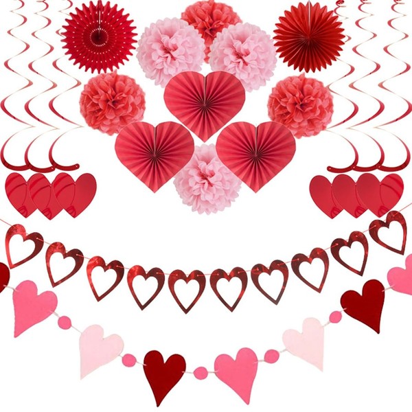 desikaky Valentine's Day Ornament, Pom Pom, Decorative Set, 19 Piece Set, Heart Garland, Hanging Decoration, Luxurious, Surprise, Romantic, Paper Fan, Decoration, Photo Banner, Valentine's Day,