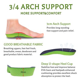 Plantillas de soporte de arco alto 3/4 para mujer y hombre, inserciones ortopédicas para pies planos, alivio de la fascitis plantar, sobrepronación, plantillas de zapatos para hombres y mujeres para correr