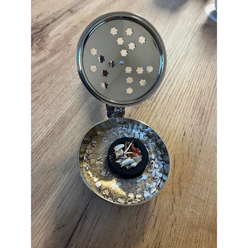 Bitto Vellore Incense Pan Nickel-Plated Silver with Wooden Handle and