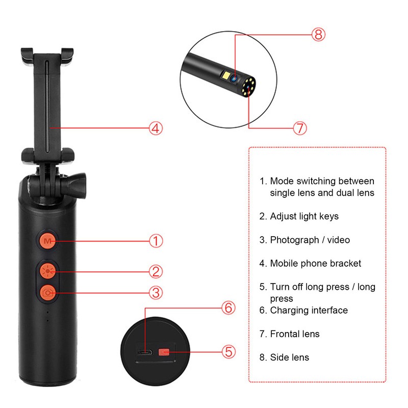 F280 1080P Endoscope 2MP 8mm WIFI Dual Lens Borescope Sewer