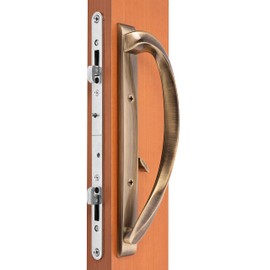 Rockwell Security Modena Contemporary Sliding Door Center Keylock Handle Set in Antique Brass Fits 3-15/16 Inch CTC Screw Holes and 1-3/4 Inch Thick Doors