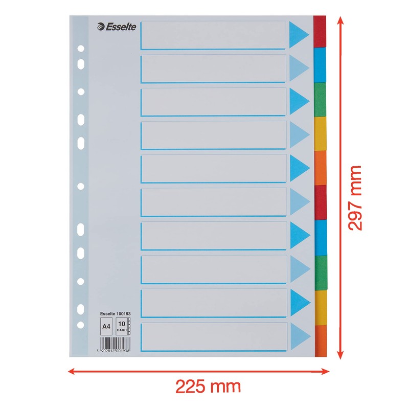 Esselte A4 Card File Dividers. 10 Parts Coloured Folder Dividers