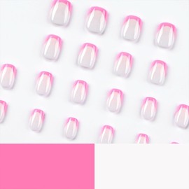 Pink French Tip Press on Nails Short Square Fake Nails Glossy False Nails With Designs Full Cover Stick on Nails Reusable Acrylic Artificial Nails Glue on Nails for Women Nail Art Decorations 24Pcs