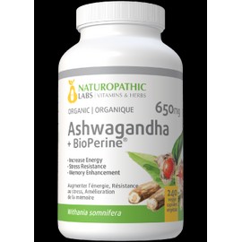 Naturopathic Labs Ashwagandha 650mg (Organic) + Bioperine - 240 V-Caps + BONUS