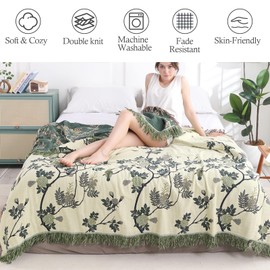 Snycler Boho Throw Blanket for Bed - 100% Cotton Ultra Soft Rustic Quilt Green Hummingbird Printed Farmhouse Decor Bed Blankets,60"×80" All Season Rustic Throw for Sofa Couch Chair