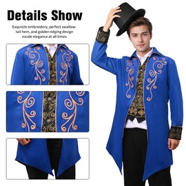 YORDET Men's Steampunk Tailcoat Medieval Retro Jacket Victorian Yard Phnom Penh Embroidery Coat Vampire Costume Men for Adults (Blue, XXL)