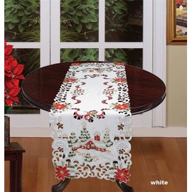 Creative Linens Holiday Christmas Table Runner 15x69 Embroidered Red Poinsettia Christmas Tree Snowy Cabin Dresser Scarf White