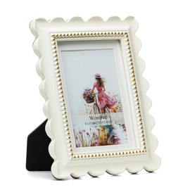 Wontree Wavy 5x7 Picture Frame White with Gold Beaded Trim, Resin Frame with Real Glass, Display 5x7 Photos Matted to 4x6, Vertical and Horizontal Desk Tabletop or Wall Hanging