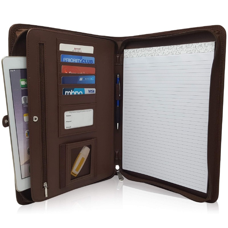 Dark Brown Zippered Portfolio Binder - PU Leather Business Portfolio