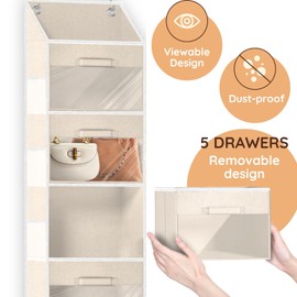 Over The Door Organizer with Drawers, 5 Tier Hanging Storage with Removable Bins & 10 Side Pockets, Over Door Closet Organizer for Baby Items, Yarn, Bed Sheets, Clothes, Toys, Towels – Beige