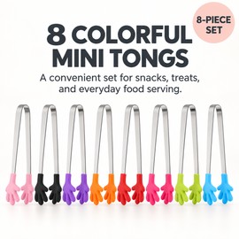 8-Pack Mini Kitchen Tongs for Snacks & Food Serving – Stainless Steel Tongs with Hand-Shaped Silicone Tips