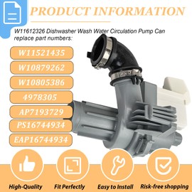 W11612326 W11521435 Dishwasher Circulation Pump Replacement Parts, Fit for Whirlpool Kenmore WDF520PADM7 WDF330PAHS0 WDF320PADS3 WDF110PABB5 WDF110PABS5 WDF120PAFB0 66513002N511 66513802N710 Etc.