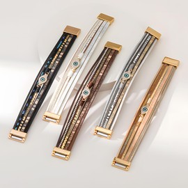 Deerllia Evil Eye Leather Bracelet for Women, Multi-Layer Crystal Beads Cuff Leather Wrap Bracelets Bangle Stacked Religious Anniversary Mother's Day Birthday Christmas Jewelry Gifts for Her, Brown