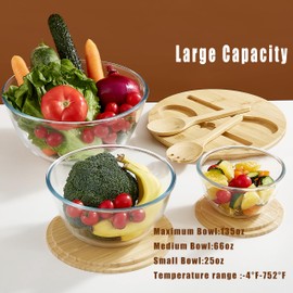 Glass Salad Bowls Set of 3 with Bamboo Lids & Utensils, Large Glass Mixing Bowls, Thick Glass Serving Bowls, 3pc Nesting Glass Containers with Wood Lids, Microwave Safe Glass Baking Bowls for Kitchen