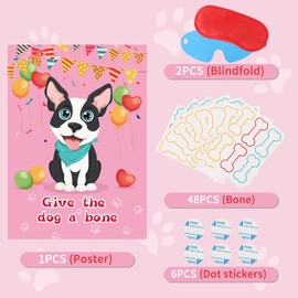 Pin The Bone On The Dog Game Dog Themed Birthday Party Favors Give The Dog A Bone Pink Puppy Birthday Party Supplies for Kids Girls Party Games, Large Dog Poster with 48 Bone Stickers